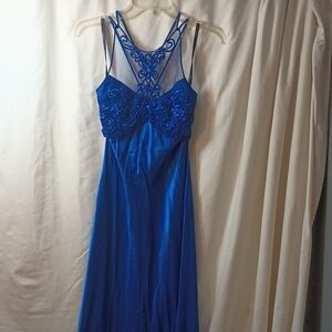 Gently Used Blue Satin Sleeveless Gown 7/8